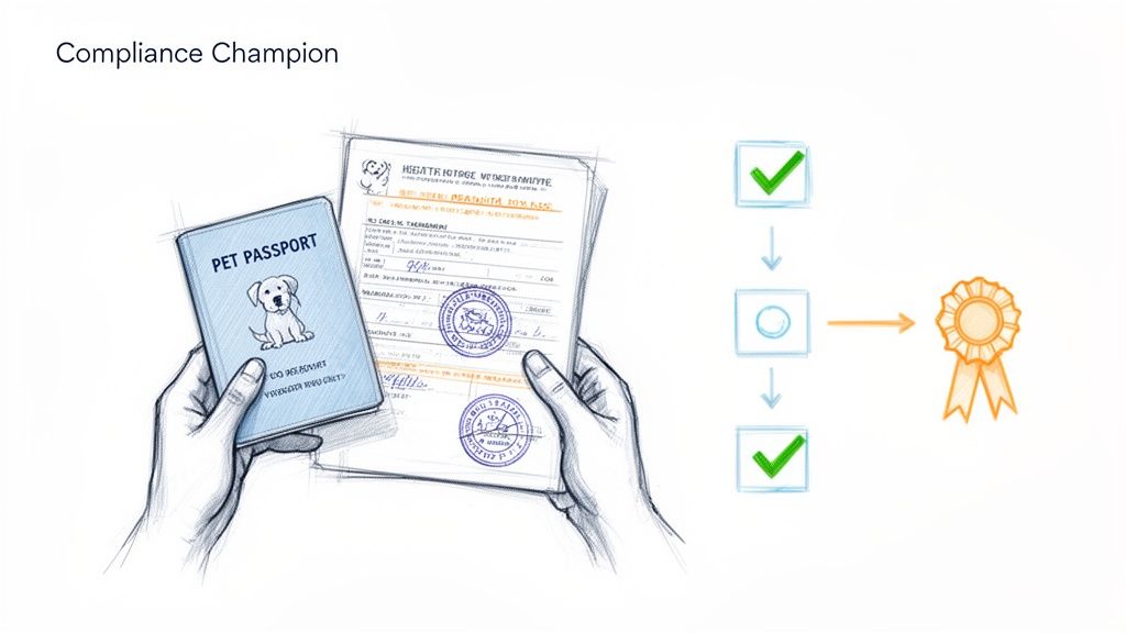 Illustration of hands holding a pet passport and official documents, depicting a compliance process leading to an award.