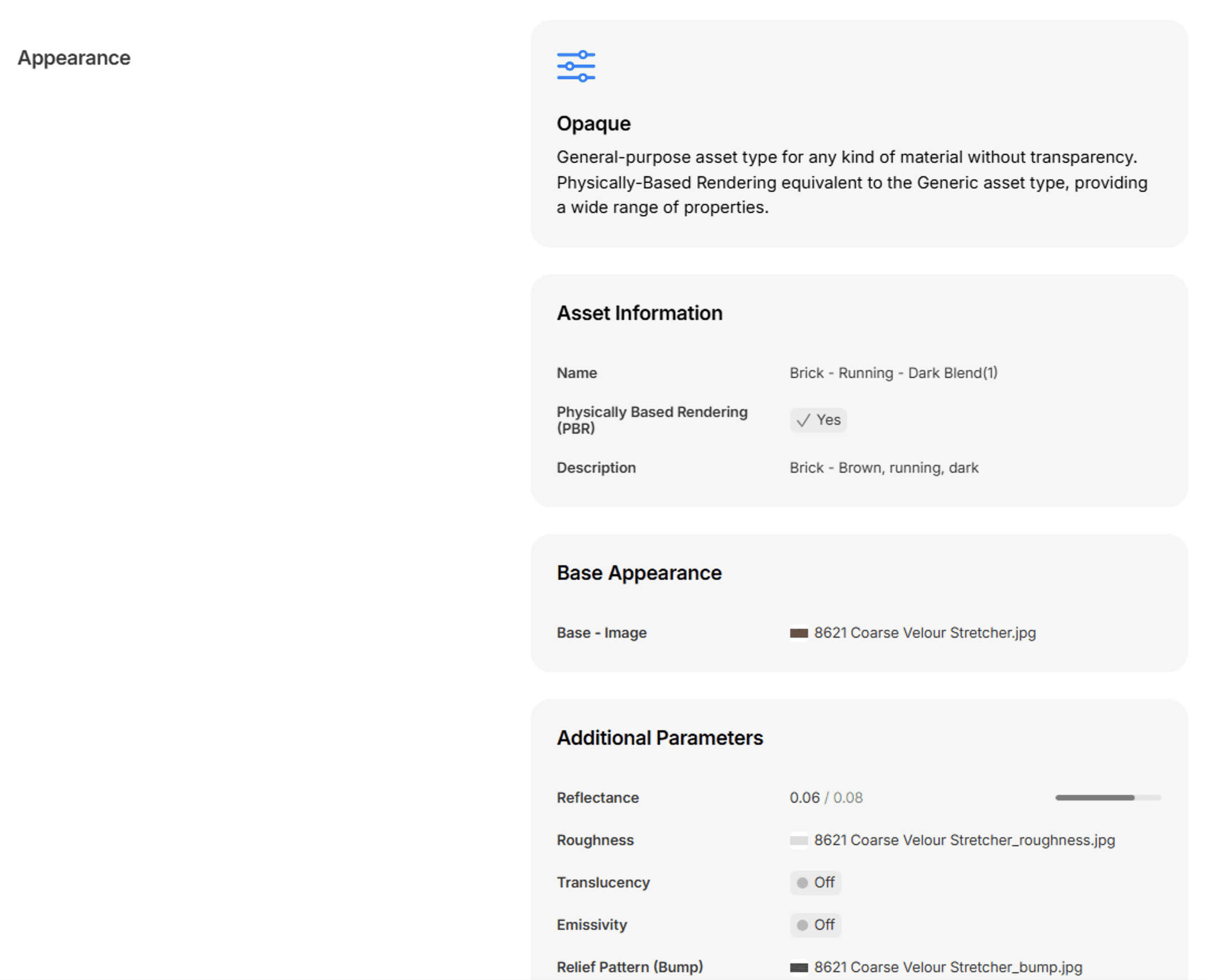 Image maps, colors and numerical values making up the material’s appearance asset.