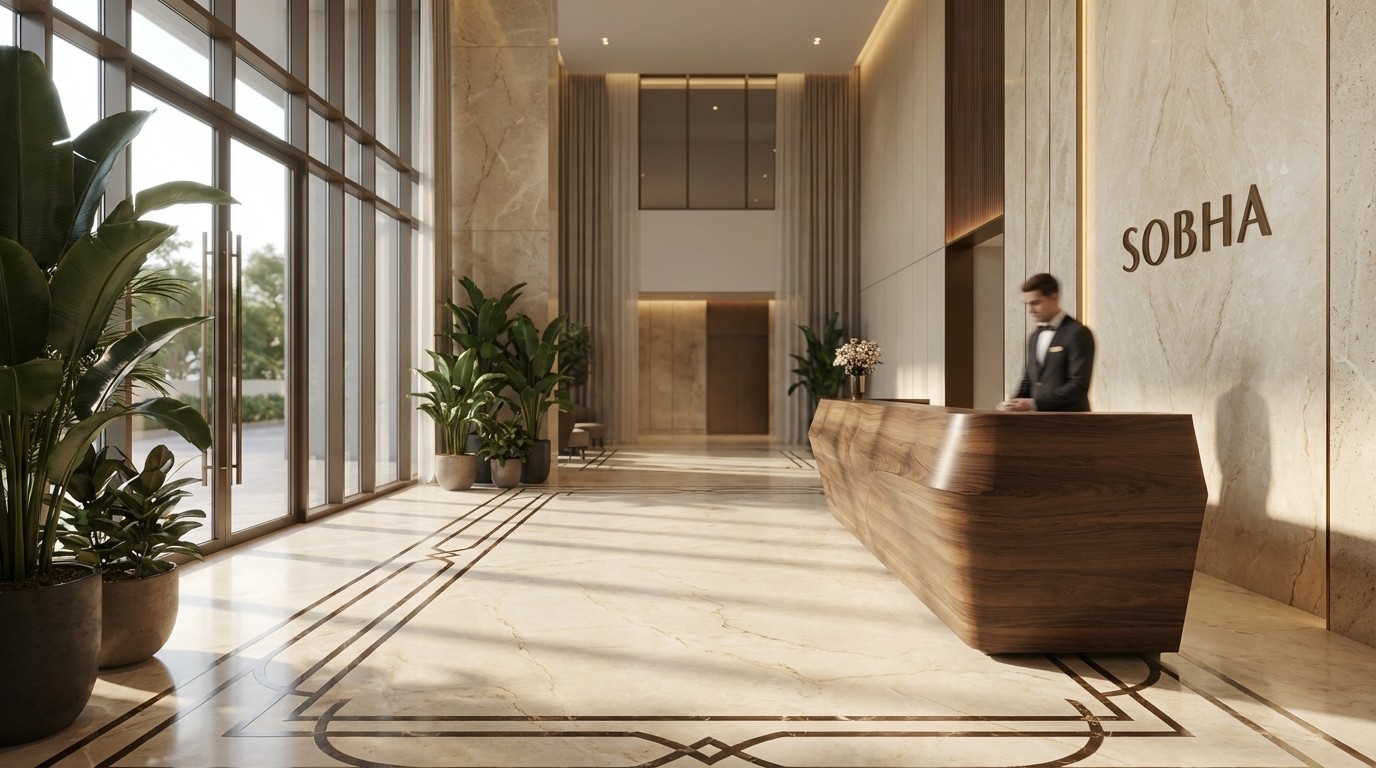 Rooftop sky lounge at Prestige Vaishnaoi Rainbow Waters, 36-storey residential tower in Gachibowli, with HITEC City skyline 