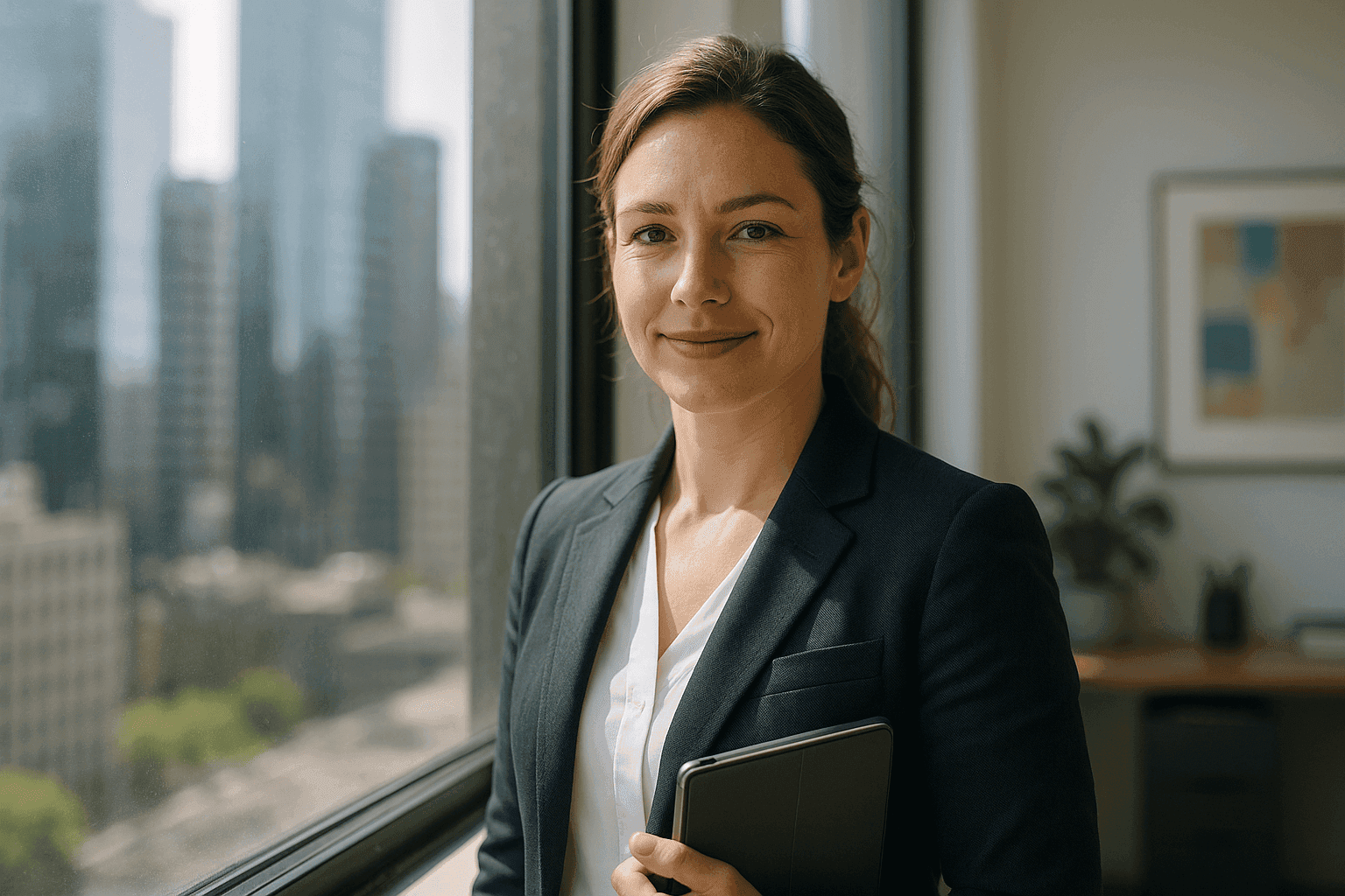 Confident professional woman in a tailored navy suit stands by a sunlit office window overlooking a city, holding a tablet and smiling warmly, conveying competence, authenticity, and leadership. Background elements and natural light highlight the real-world impact of personal branding photography on professional perception.