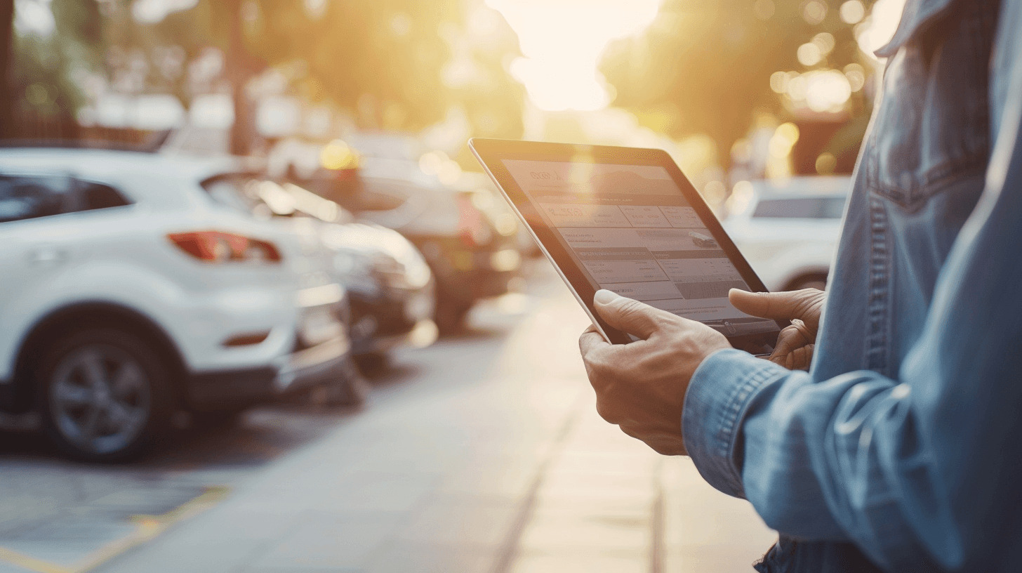 Car buyer reviewing vehicle valuation on a tablet inside a dealership showroom, with used cars in the background