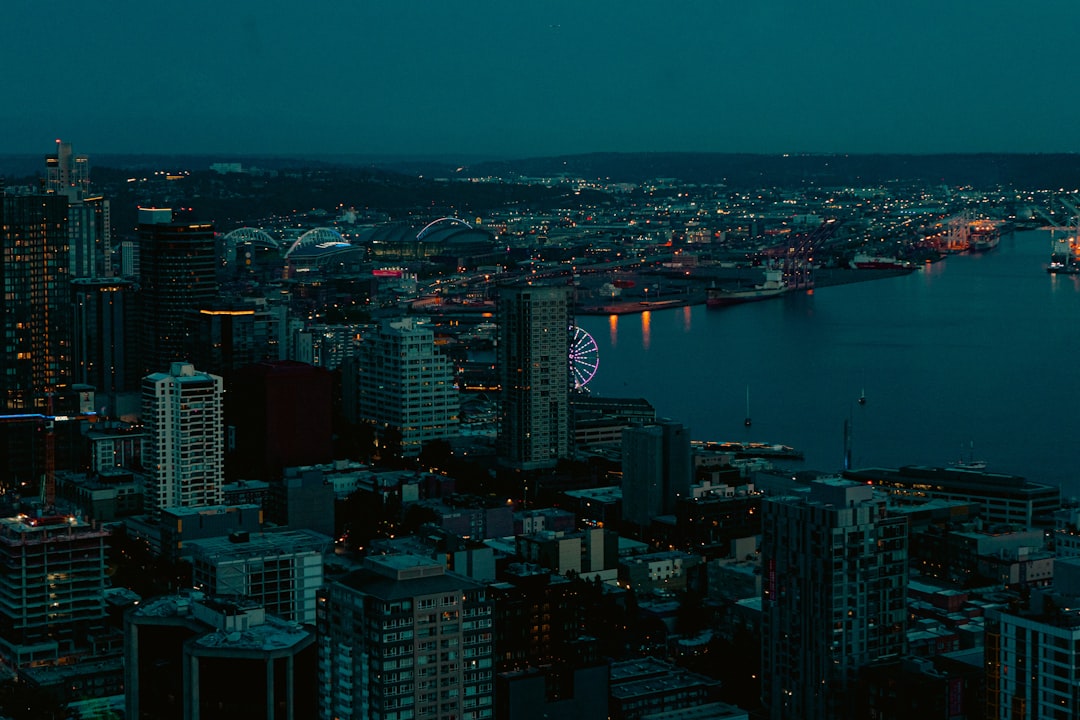 Coastal city skyline at night with a Ferris wheel glowing beside a large bay.