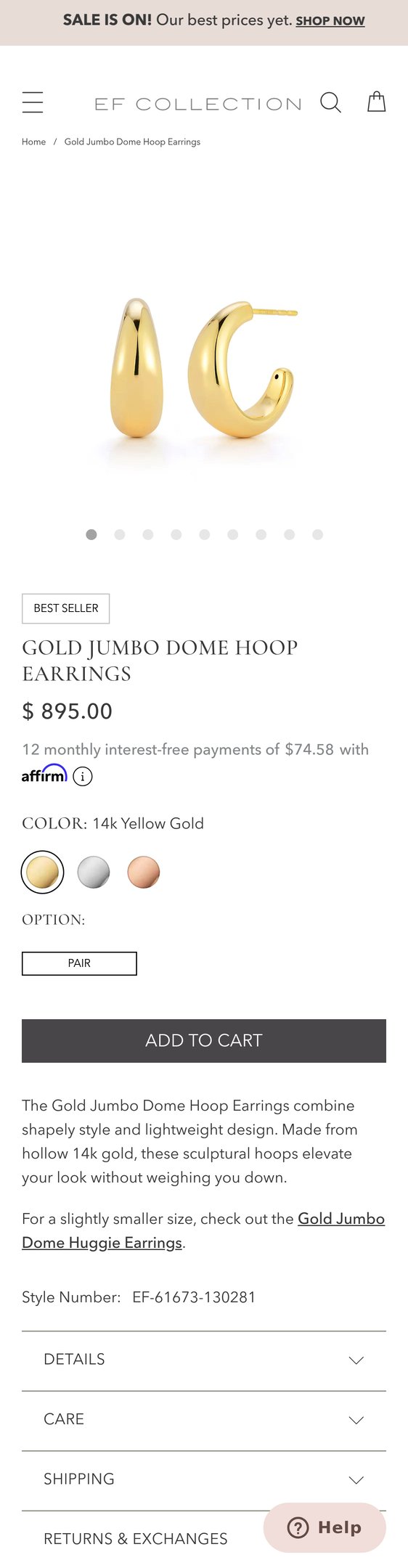 Jewelry product options include: earring for Gold Jumbo Dome Hoop Earrings from EF Collection®.