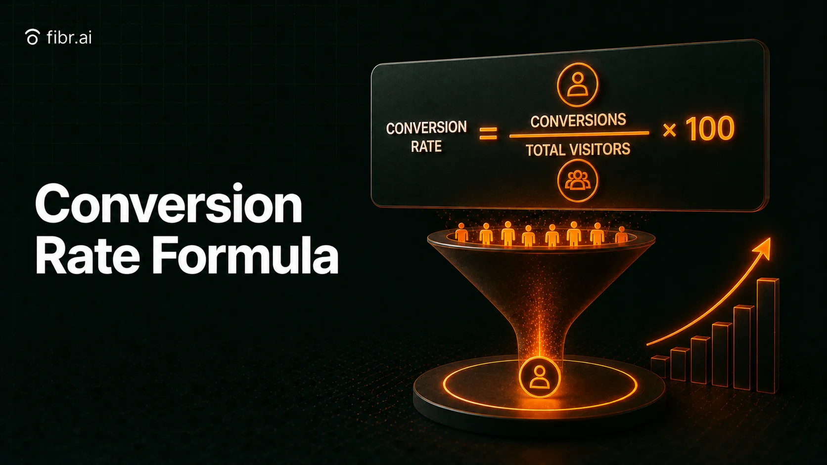 Conversion rate formula visualization showing total visitors flowing through a funnel into conversions, illustrating how conversion rate is calculated and optimized for growth.