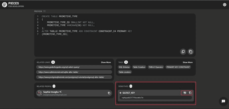 Highlighted sensitive information in Pieces for Developers.