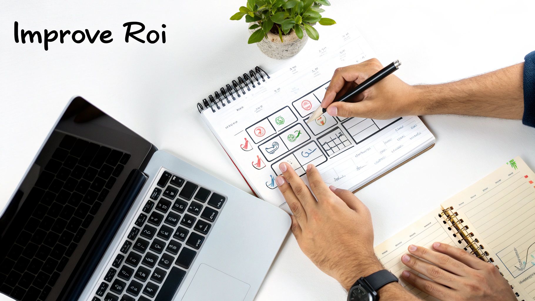 Hands drawing icons and diagrams in a notebook, next to a laptop, planning to improve ROI.