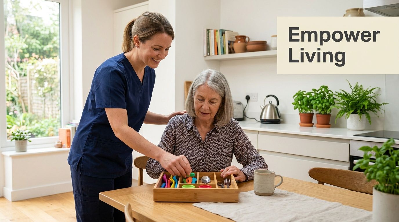 A caregiver assisting an elderly woman in sorting colored utensils in a wooden organizer in the kitchen.