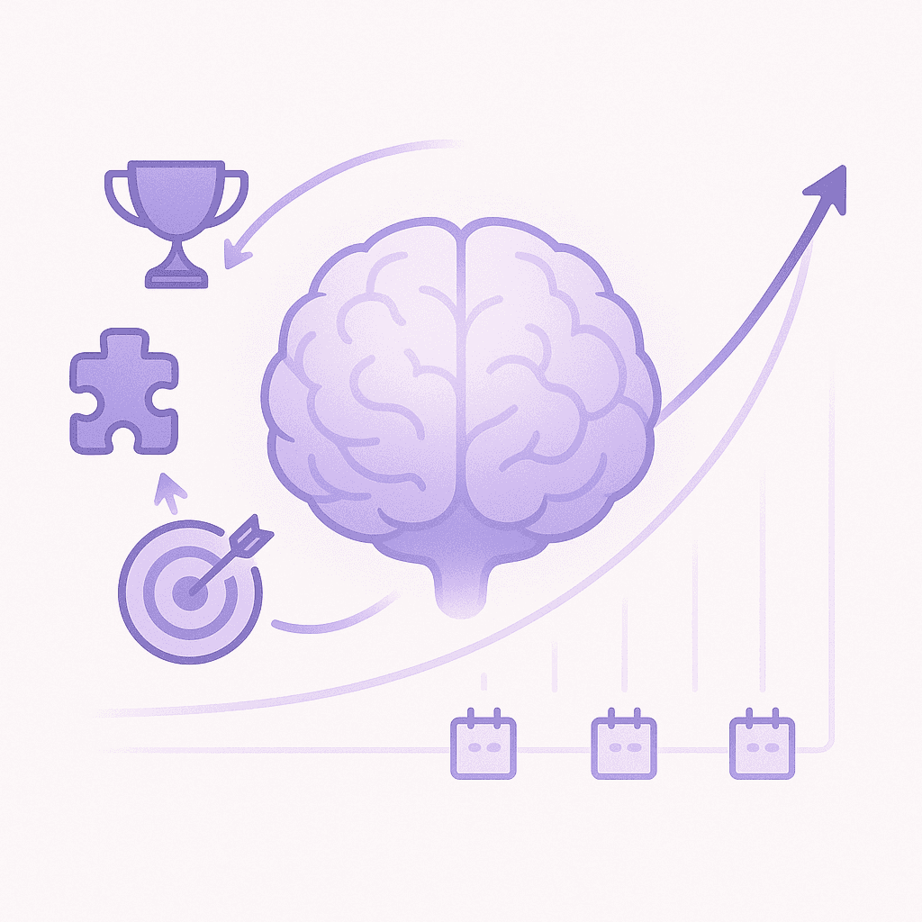 Brain linked to game icons and rising retention curve illustrating how gamification and spaced repetition boost learning