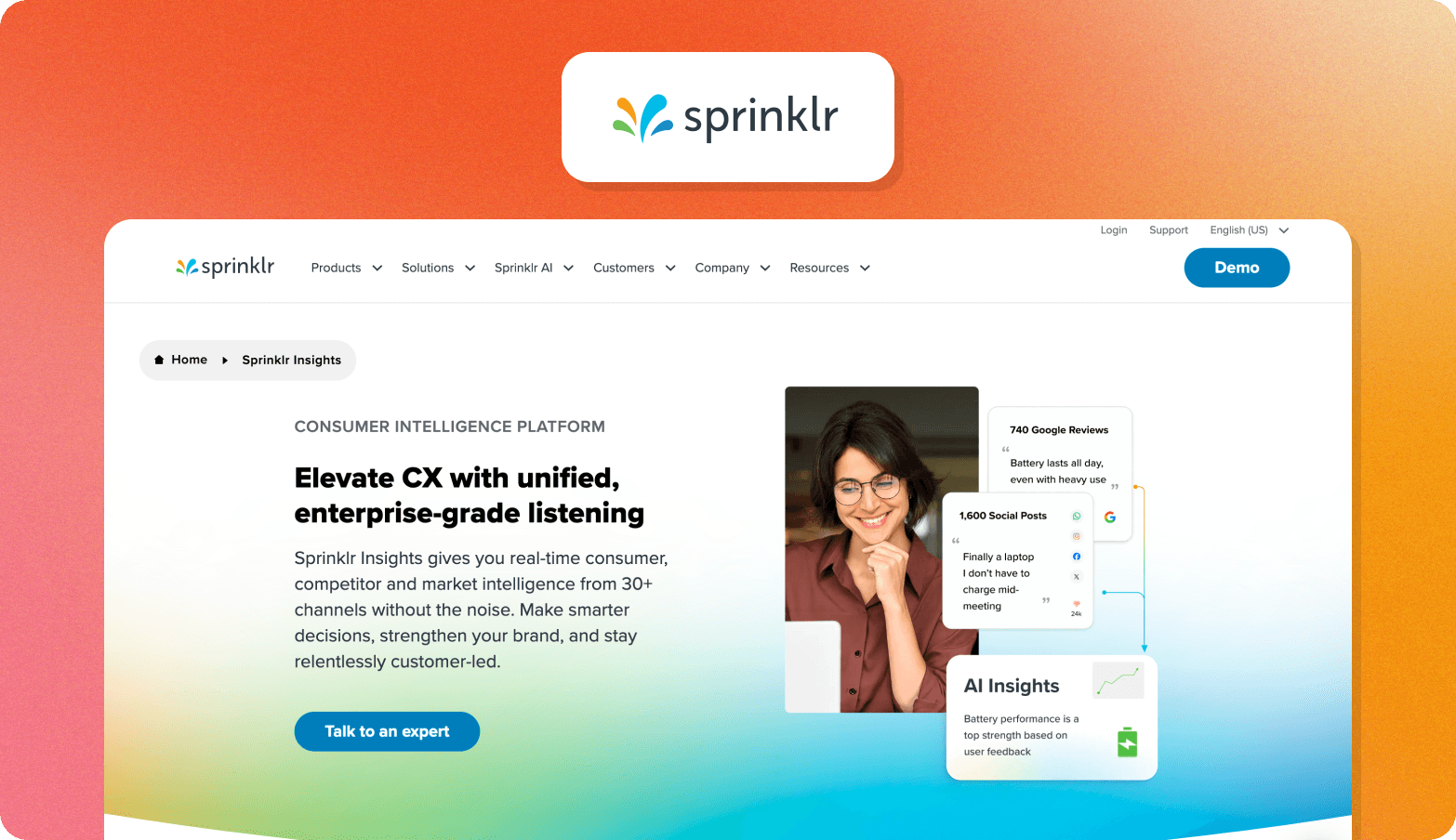 Sprinklr Insights page with the headline "Elevate CX with unified, enterprise-grade listening," featuring a smiling woman's photo with review and AI insight callout cards.