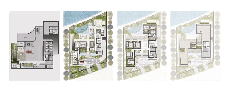 Four distinct floor plans for a luxury villa in Lanai Islands, Dubai, showcasing various layouts and design options.