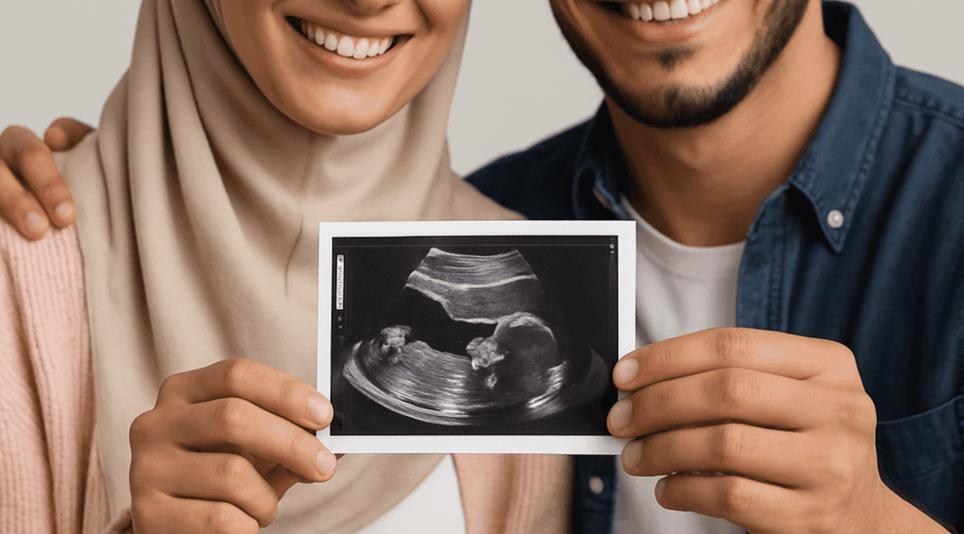 Family photographer in Dubai showcases a couple’s maternity photoshoot with plain background, holding their ultrasound image.