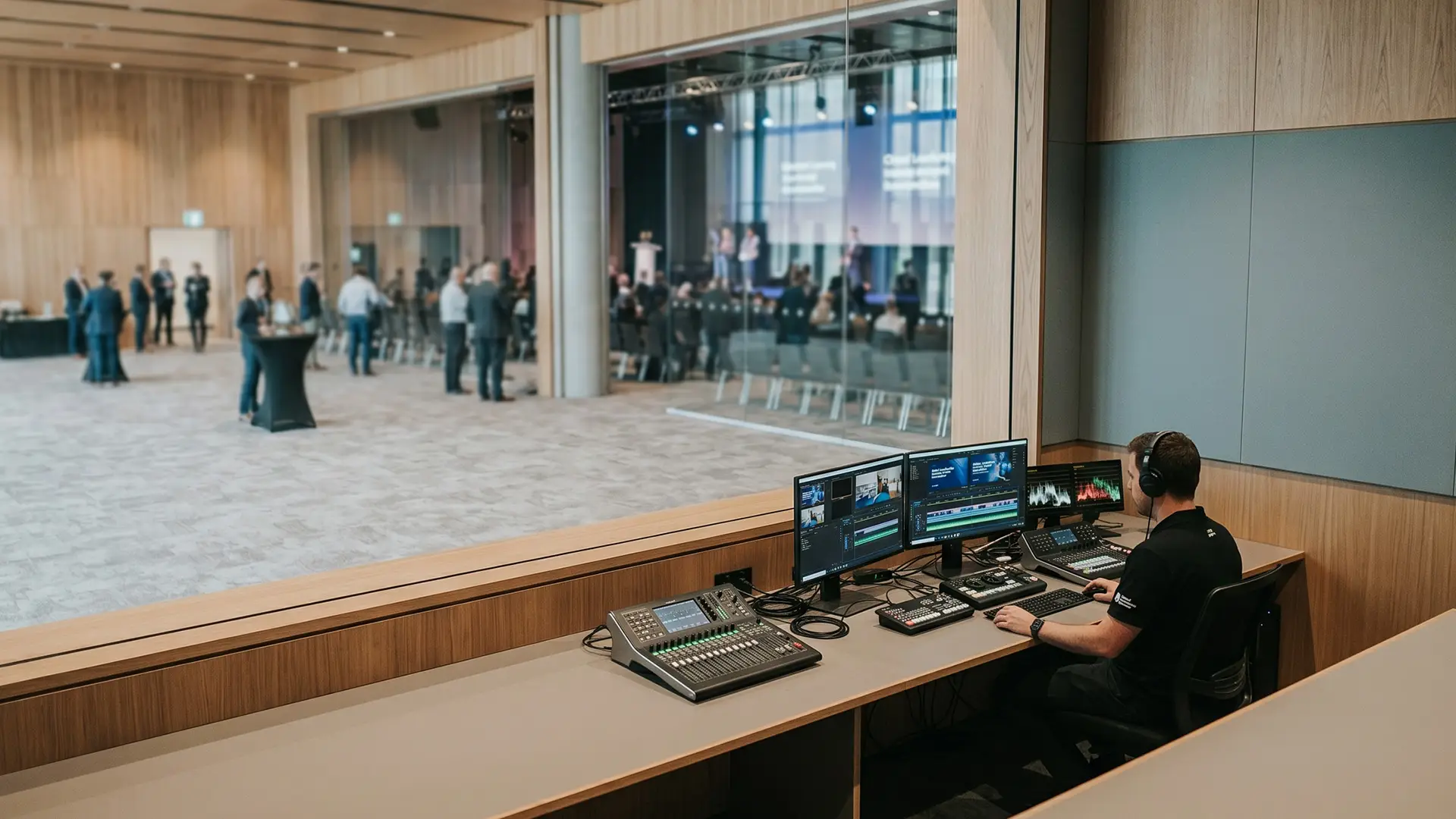 Wide view of a corporate event production control room overlooking a live conference stage, with an operator monitoring branded presentation and video editing workflows through a glass observation window.