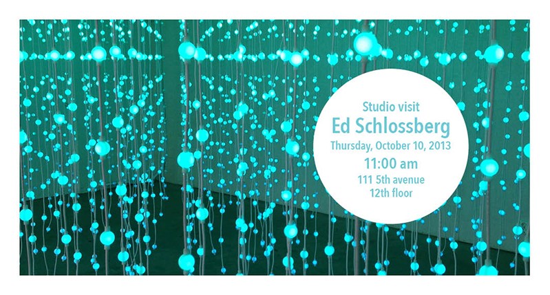 Ed Schlossberg event poster with cyan light dots on vertical lines