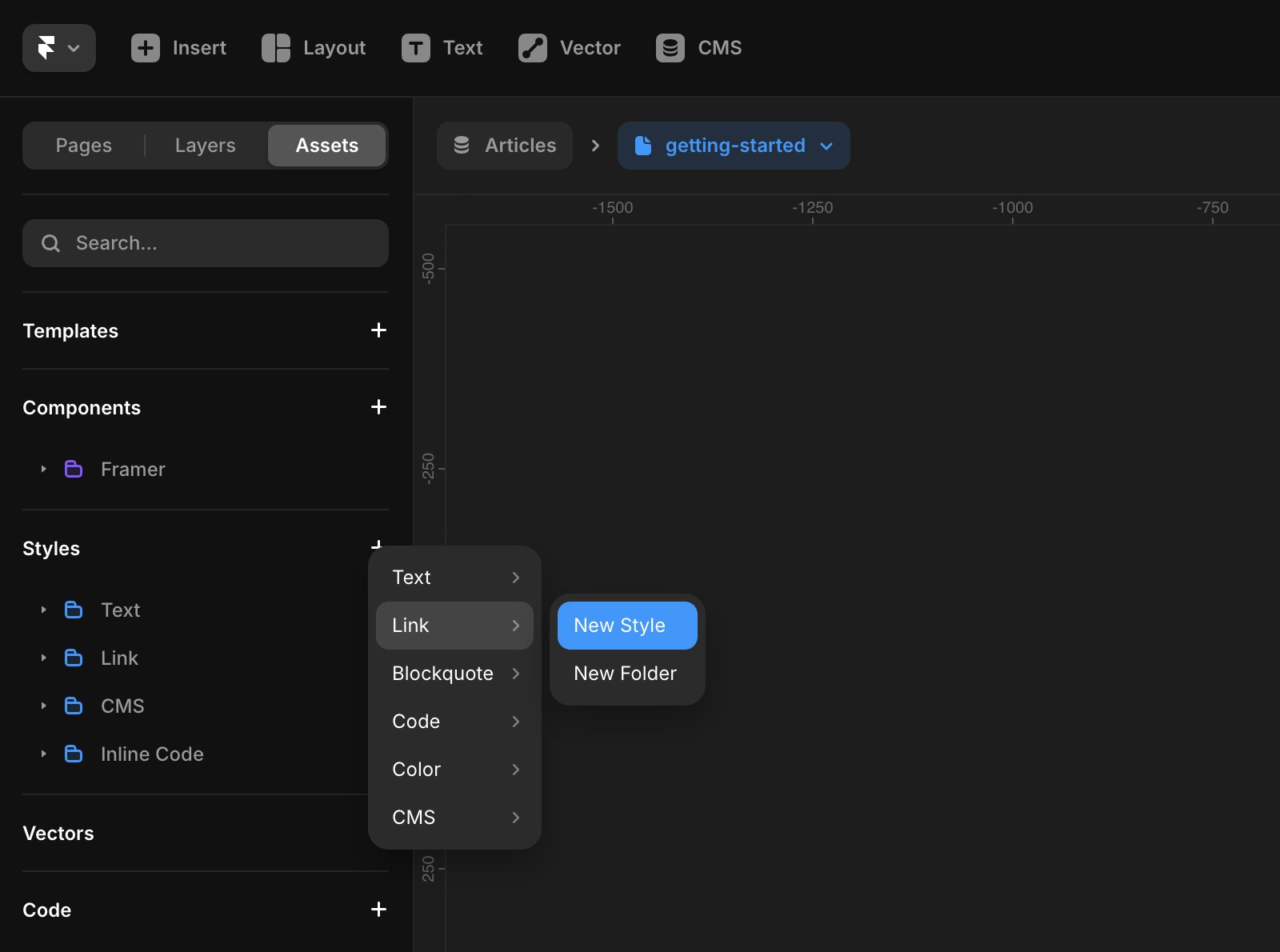UI showing how to add a link style in the assets panel by clicking the plus icon next to styles