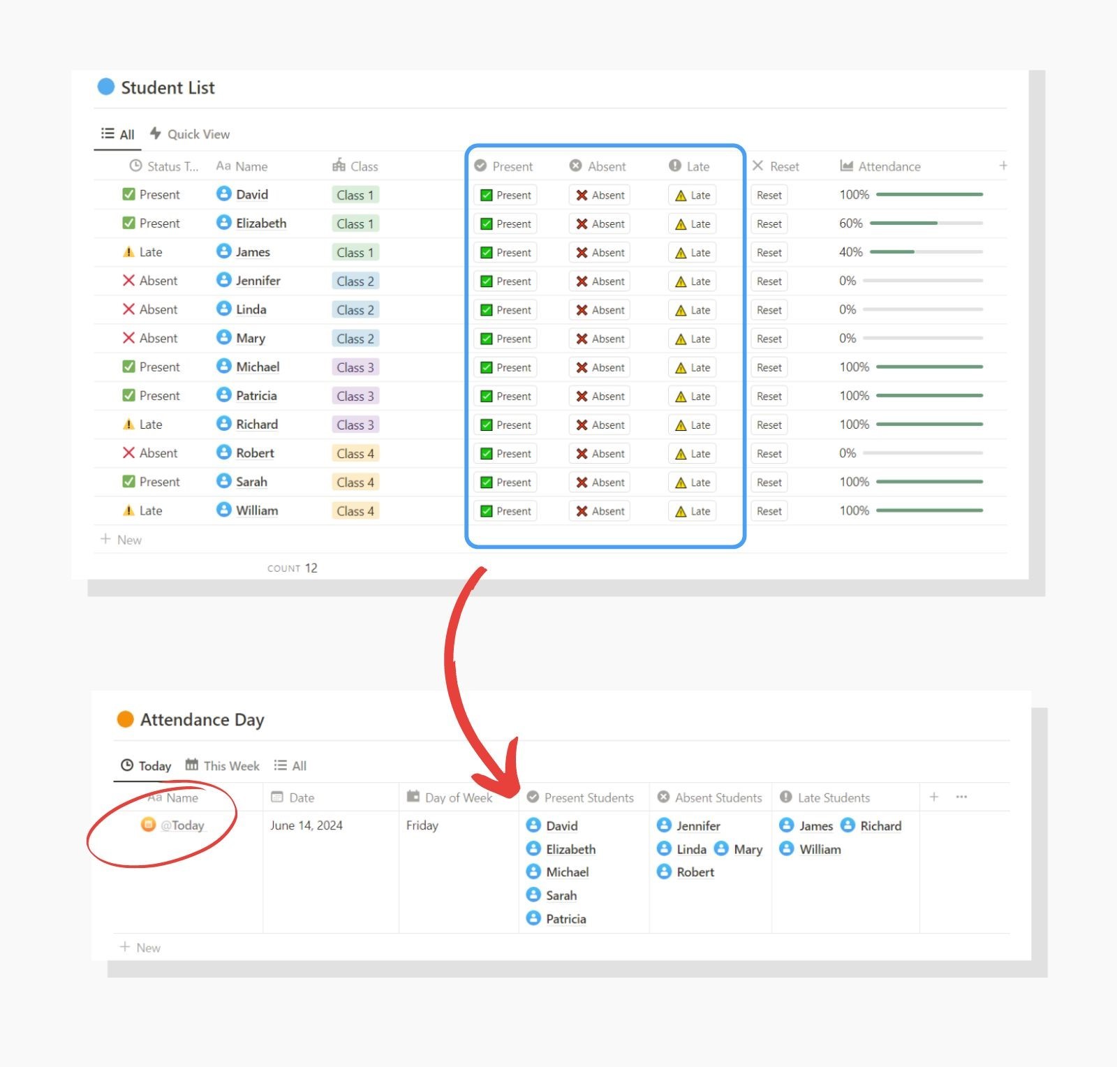 Notion student attendance tracker template