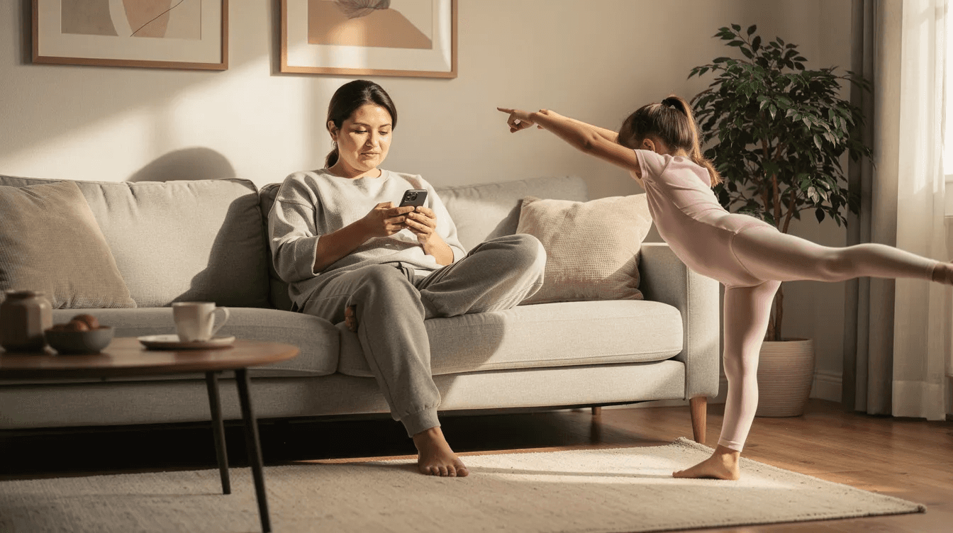 A parent sits comfortably on a sofa, focused on their mobile phone, while their child stretches in a colorful dance leotard nearby. This scene highlights the importance of parental engagement in children's development and the use of communication tools, such as parent portals, to support learning and maintain positive relationships between families and schools.