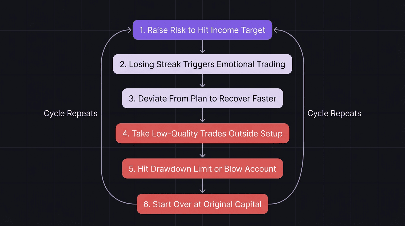 Flowchart showing the drawdown spiral from increasing risk to account failure
