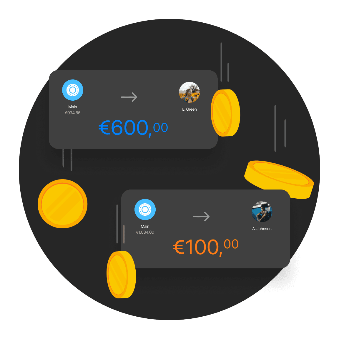 Two smartphone-like devices with different icons and colors on a dark background, indicating a tech theme.