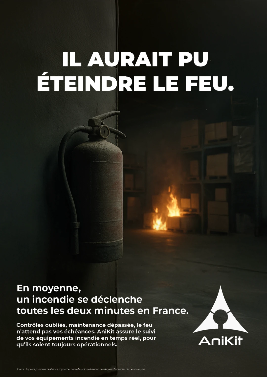 Affiche finale AniKit "Il aurait pu éteindre le feu" — campagne print prévention incendie milieu industriel, typographie d'impact et approche problem first, conception Tartelette Concept graphiste Toulouse