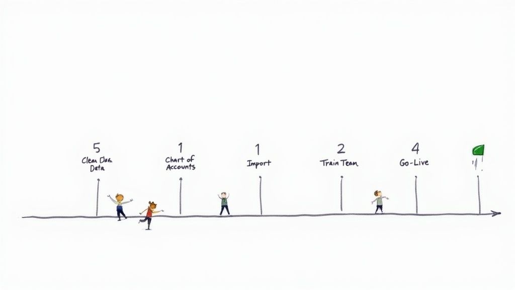 Timeline illustration showing six steps for implementing church accounting software from data cleaning to go-live