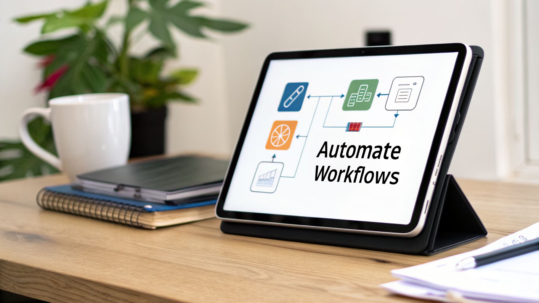 A tablet on a wooden desk displays a diagram for automating workflows, with a coffee mug and notebooks.