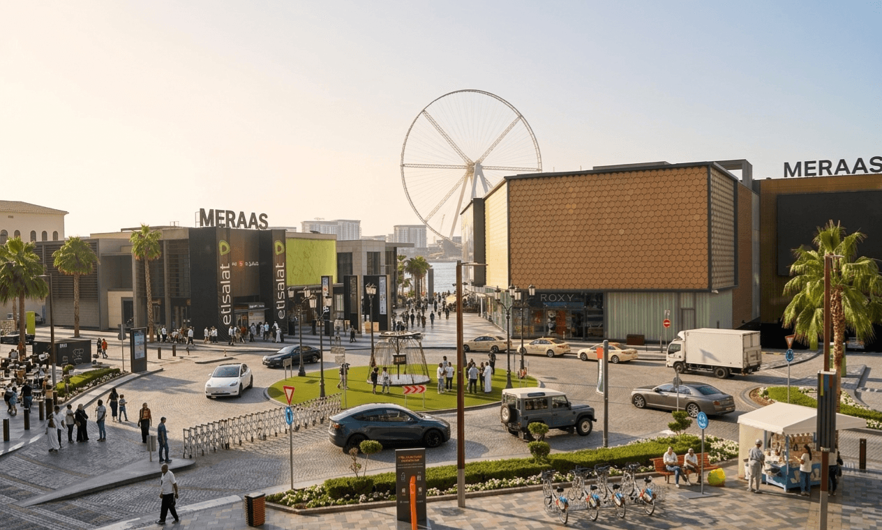 Outdoor shopping, pedestrian activity, and visitor atmosphere around JBR Walk Dubai and Bluewaters Island. 