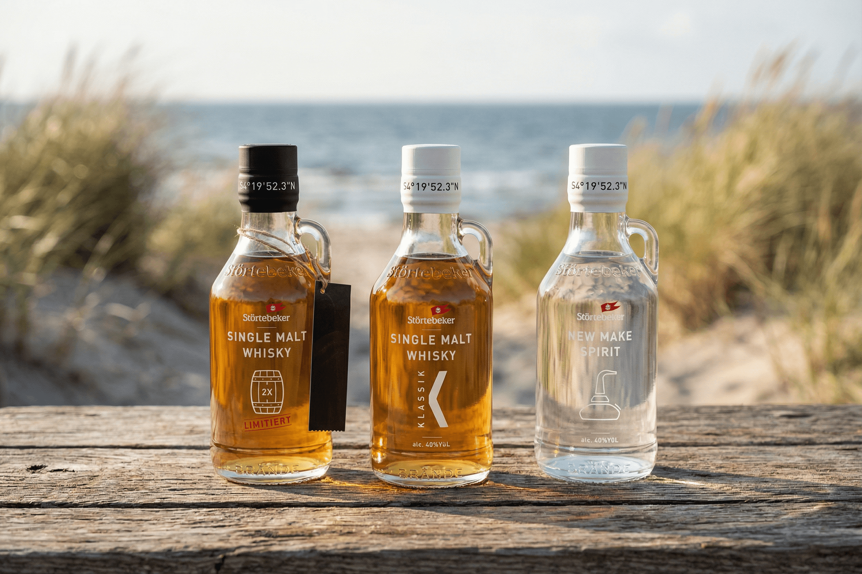 Three Störtebeker spirit bottles on a wooden table.