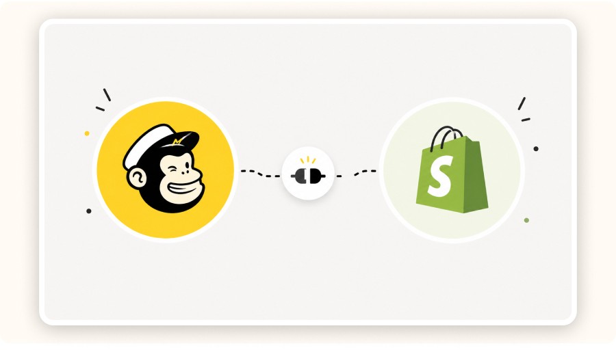 Illustration minimaliste montrant Mailchimp et Shopify connectés par une icône d'intégration.