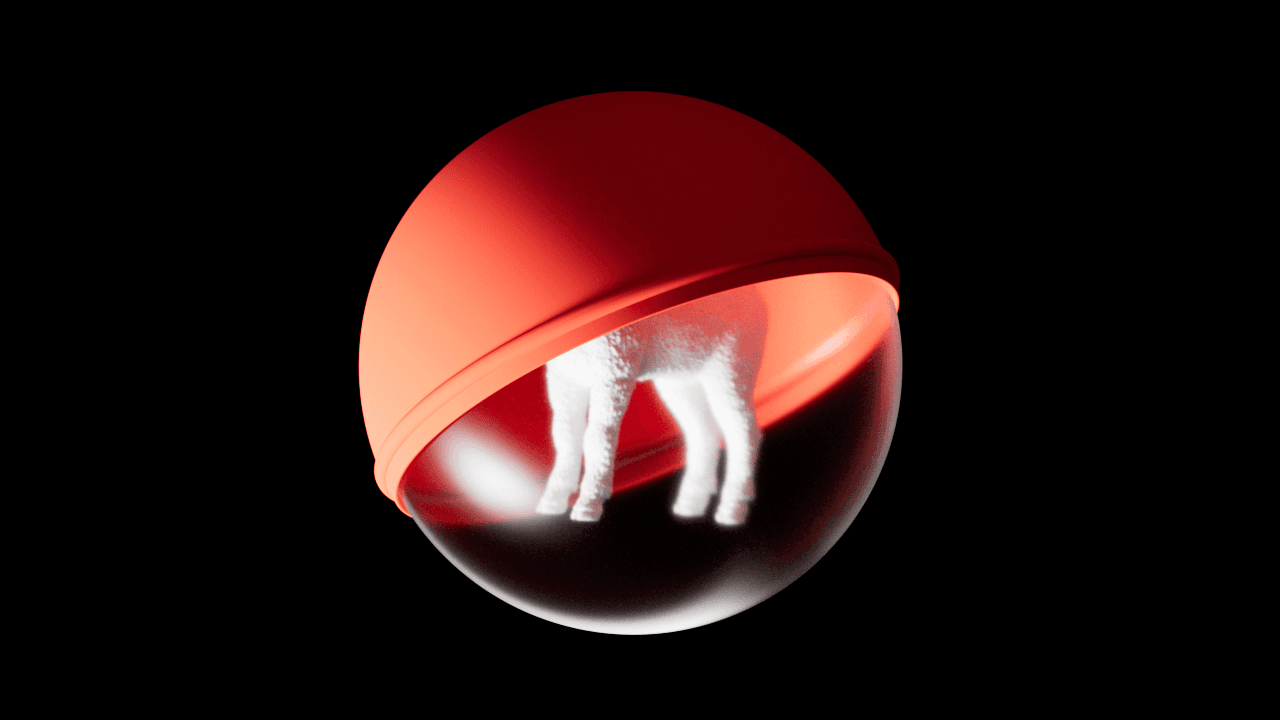 A red capsule half-open, a lamb’s legs visible inside.
