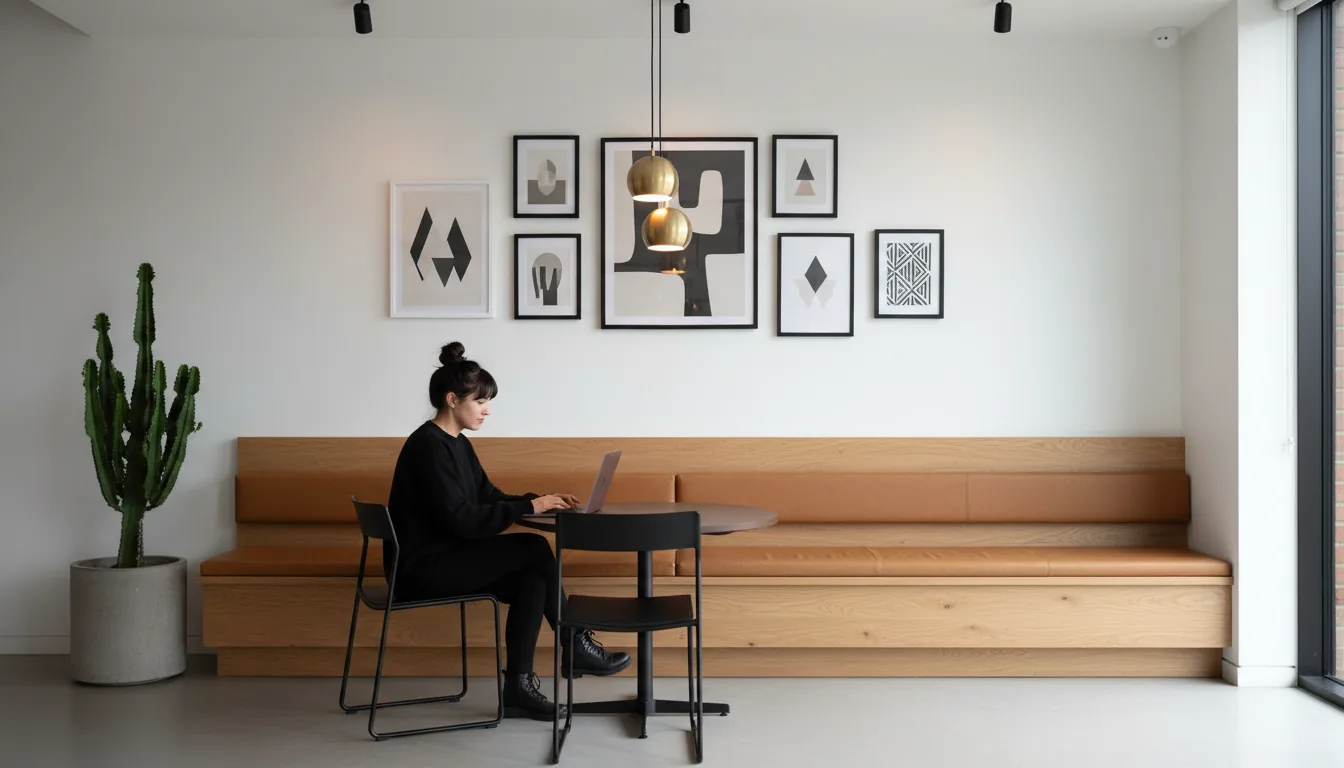 DSLR photograph of a woman working on a laptop in a minimalist, modern architect's studio. A woman with dark hair in a top-knot, wearing a black sweater, is focused on a silver laptop at a small dark table. She sits on a minimalist chair in front of a long, built-in bench made of light oak wood with tan leather upholstery. The white wall behind her is adorned with a gallery-style arrangement of framed modern and abstract art prints. To the left, a tall green euphorbia cactus stands in a grey concrete pot. The space is illuminated by soft, natural daylight from a large window on the right and warm ambient light from stylish pendant lamps and black ceiling spotlights. Sharp focus, clean composition, professional aesthetic.