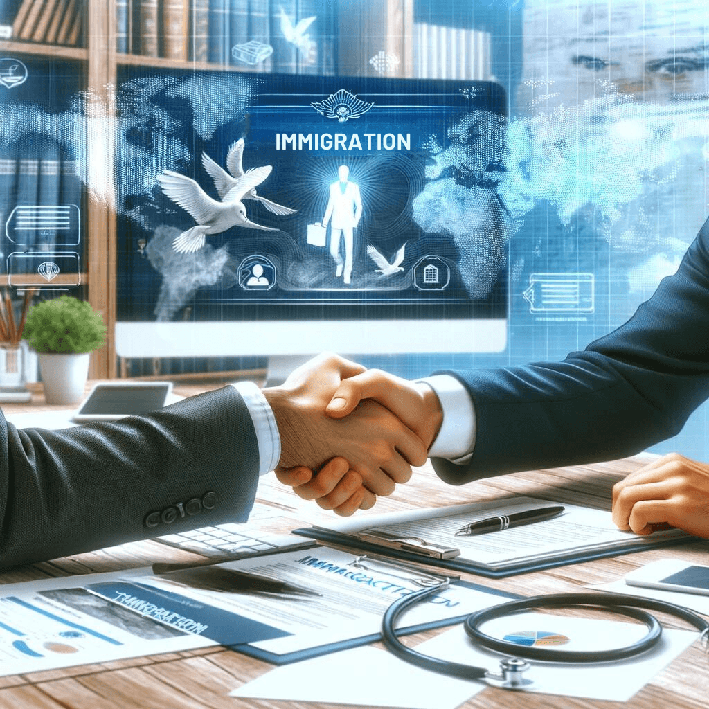 Immigration consultant shaking hands with a client, with a world map and immigration documents in the background, representing trust and global expertise.
