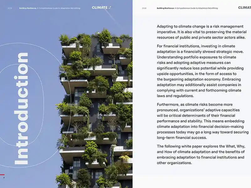Double page d'introduction du livre blanc Climate X montrant un immeuble moderne aux balcons recouverts de végétation dense. Le texte à droite explique l'importance de l'adaptation au changement climatique pour les institutions financières.