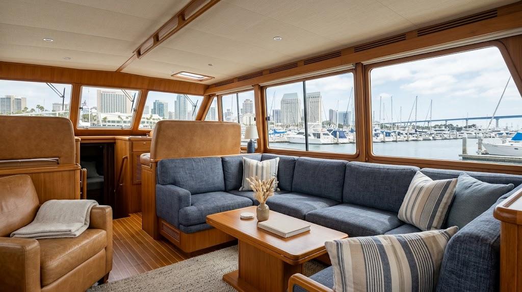 Yacht salon with leather seating, fabric cushions and a marina view