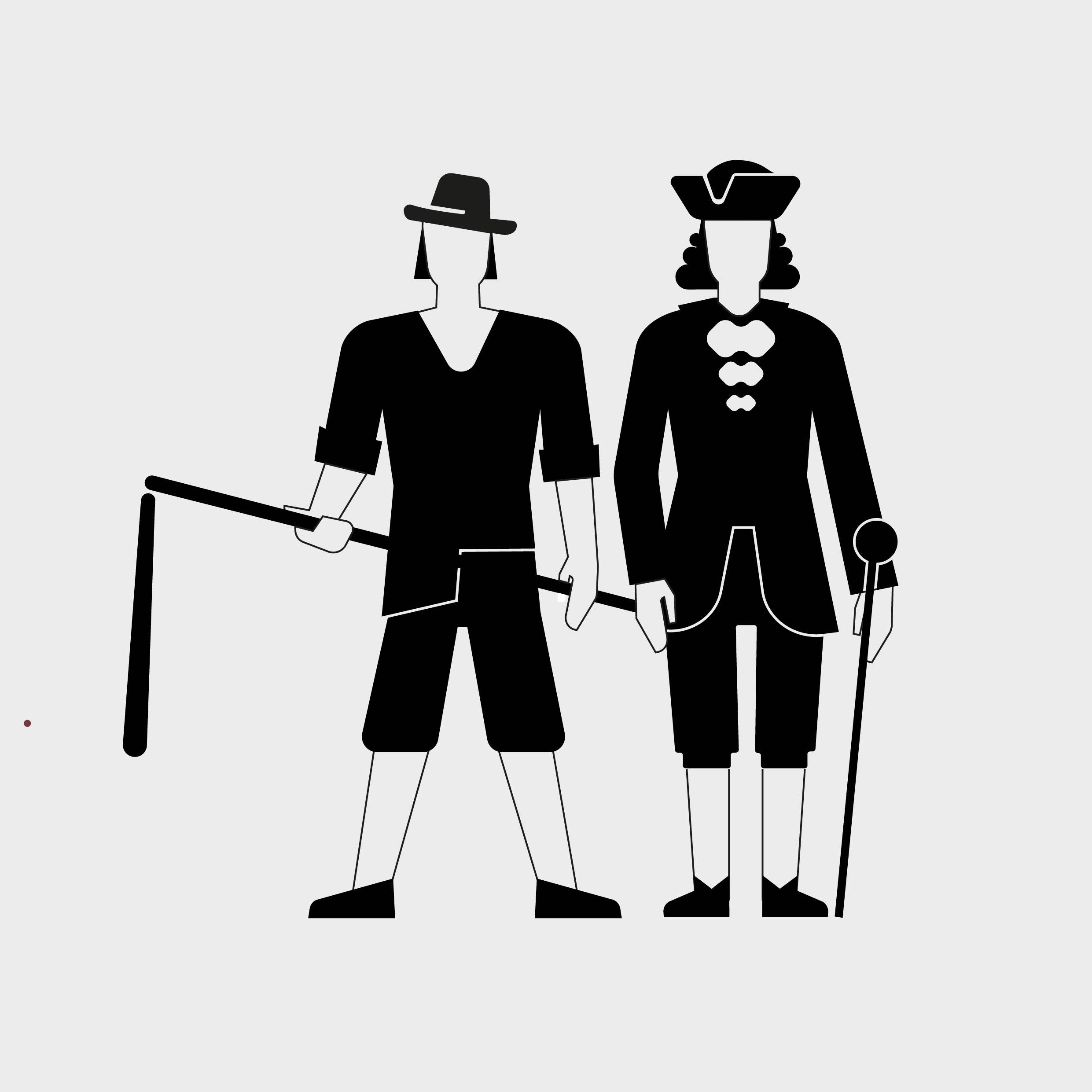Two stylized silhouette figures in colonial-era clothing, one holding a musket and wearing a round hat, the other in a tricorn hat with a cane.