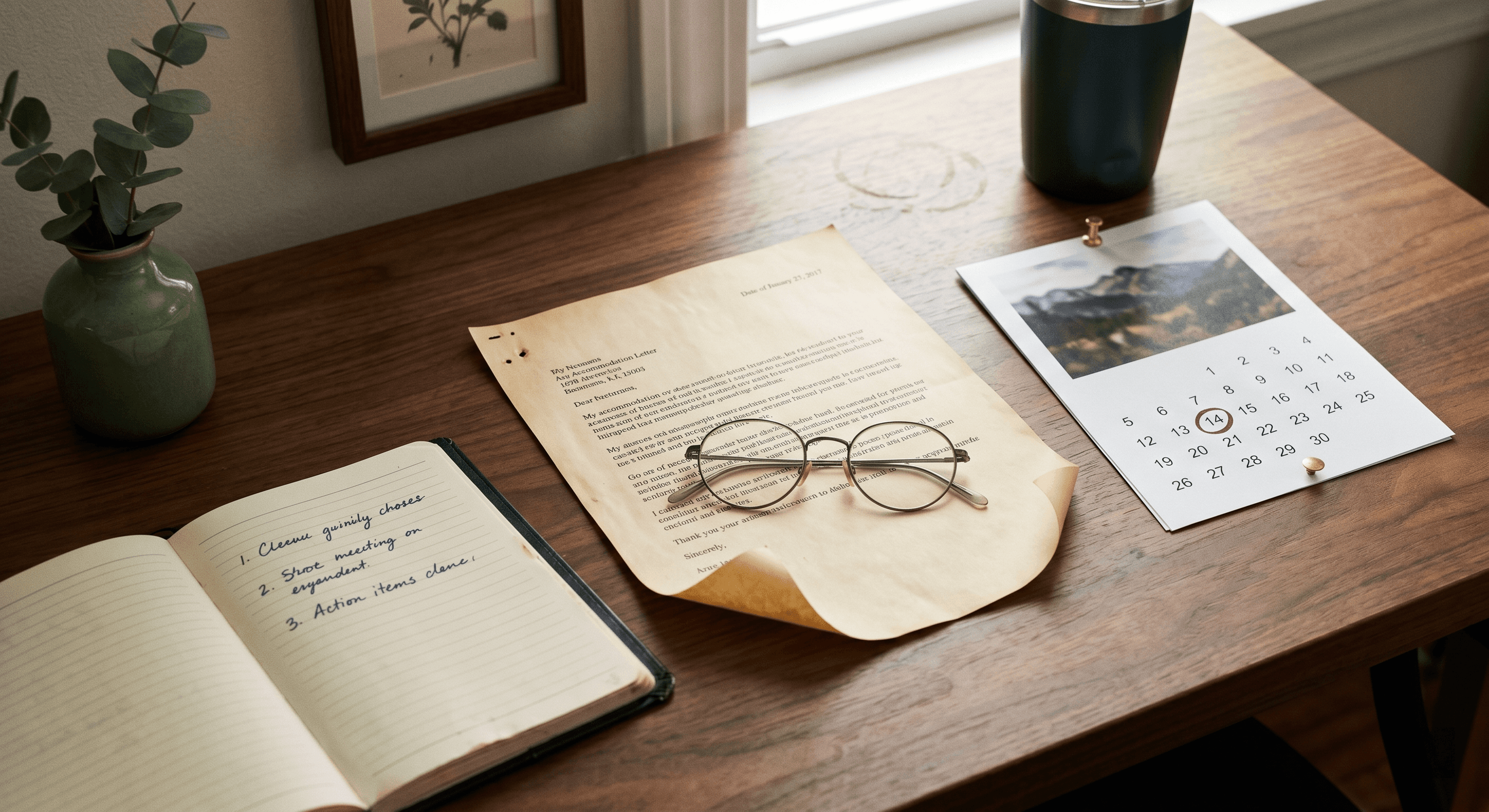 A wall calendar with a circled date next to an older accommodation letter on a tidy home desk, mid-day natural light