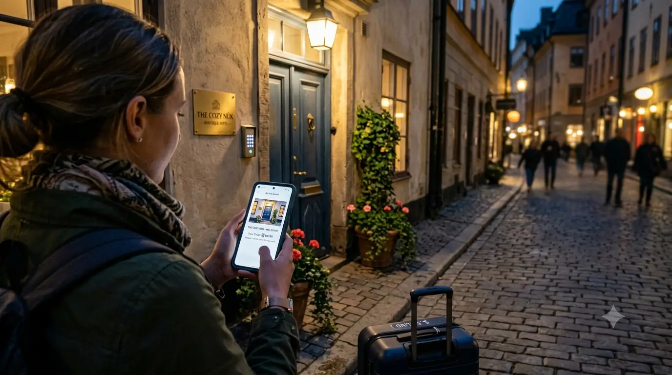 A guest at a small hotel entrance at night reading digital check-in instructions on their phone.