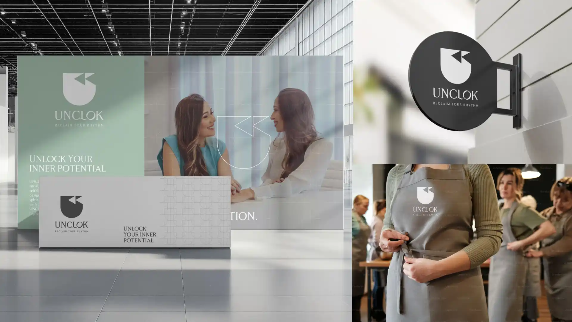 Unclok wellness center environmental branding with reception, signage and apron uniform