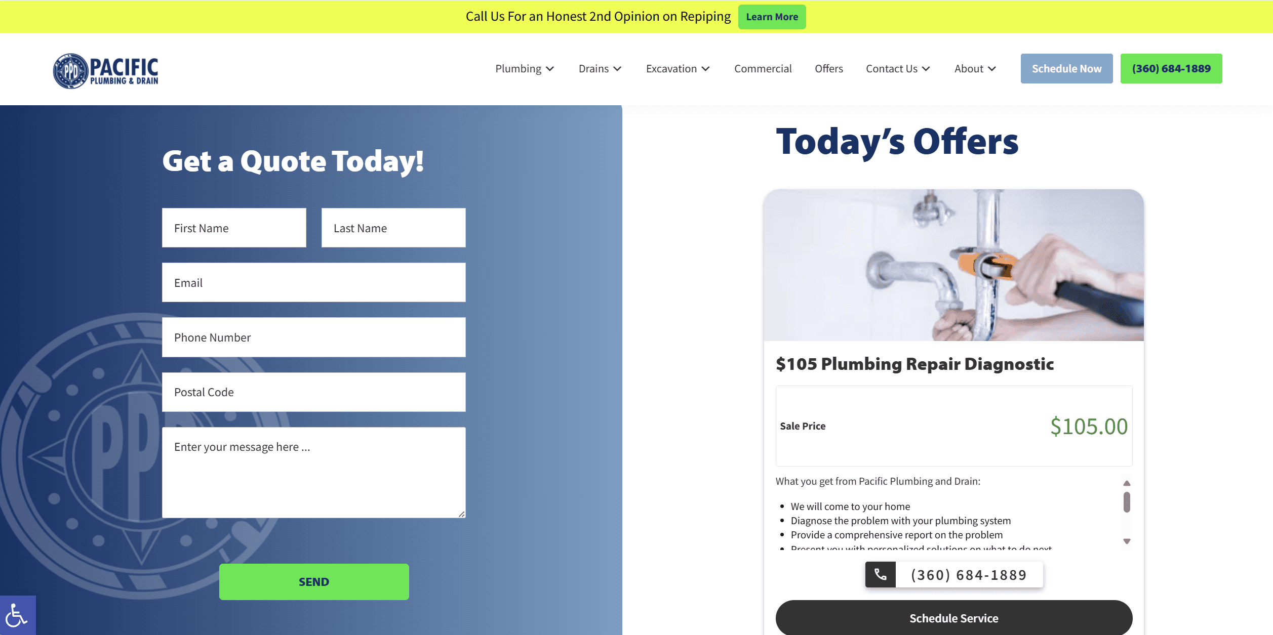 quote form on a plumber website