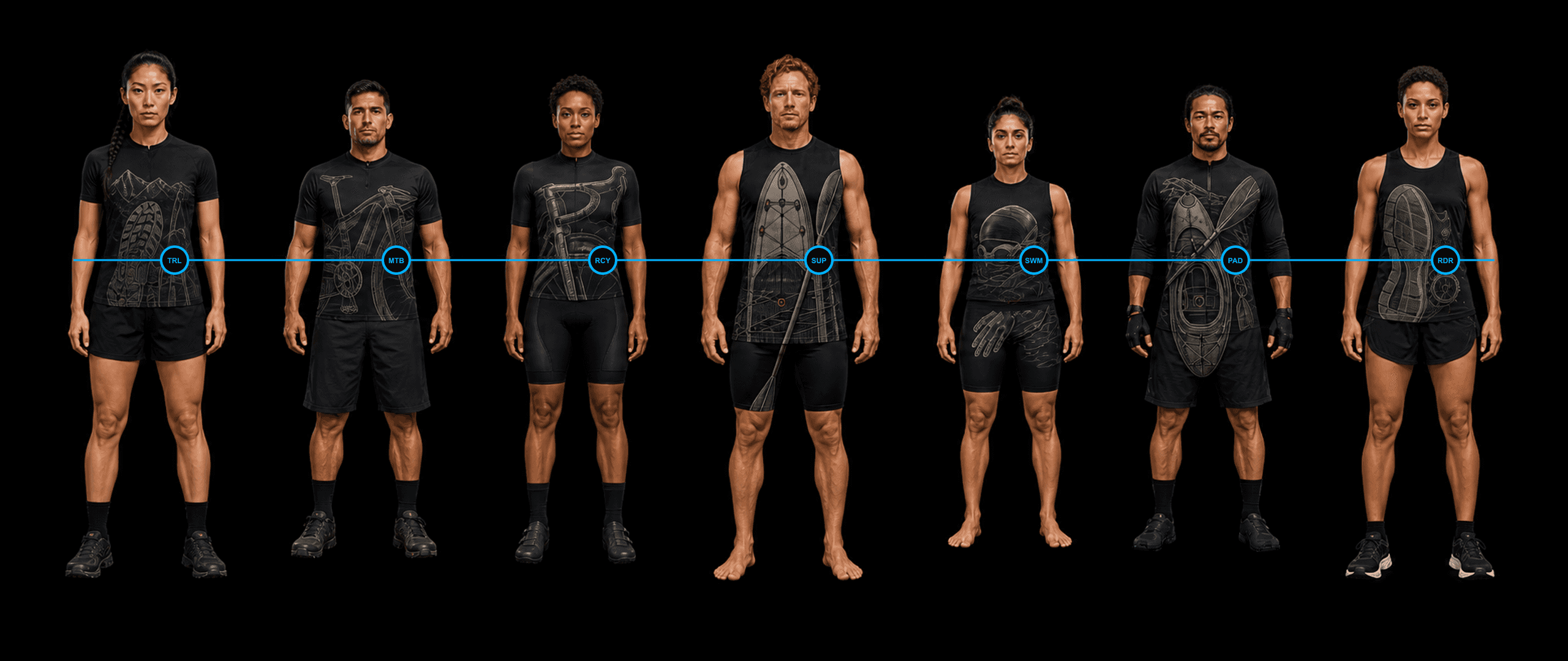 Seven distinct athletes stand in Valkyrie Formation course order wearing black concept kits for trail running, mountain biking, road cycling, SUP, swimming, river paddling and road running.
