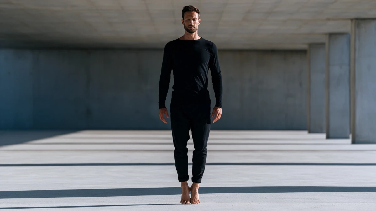 Man rising onto the balls of his feet before dropping his heels in a bare hallway