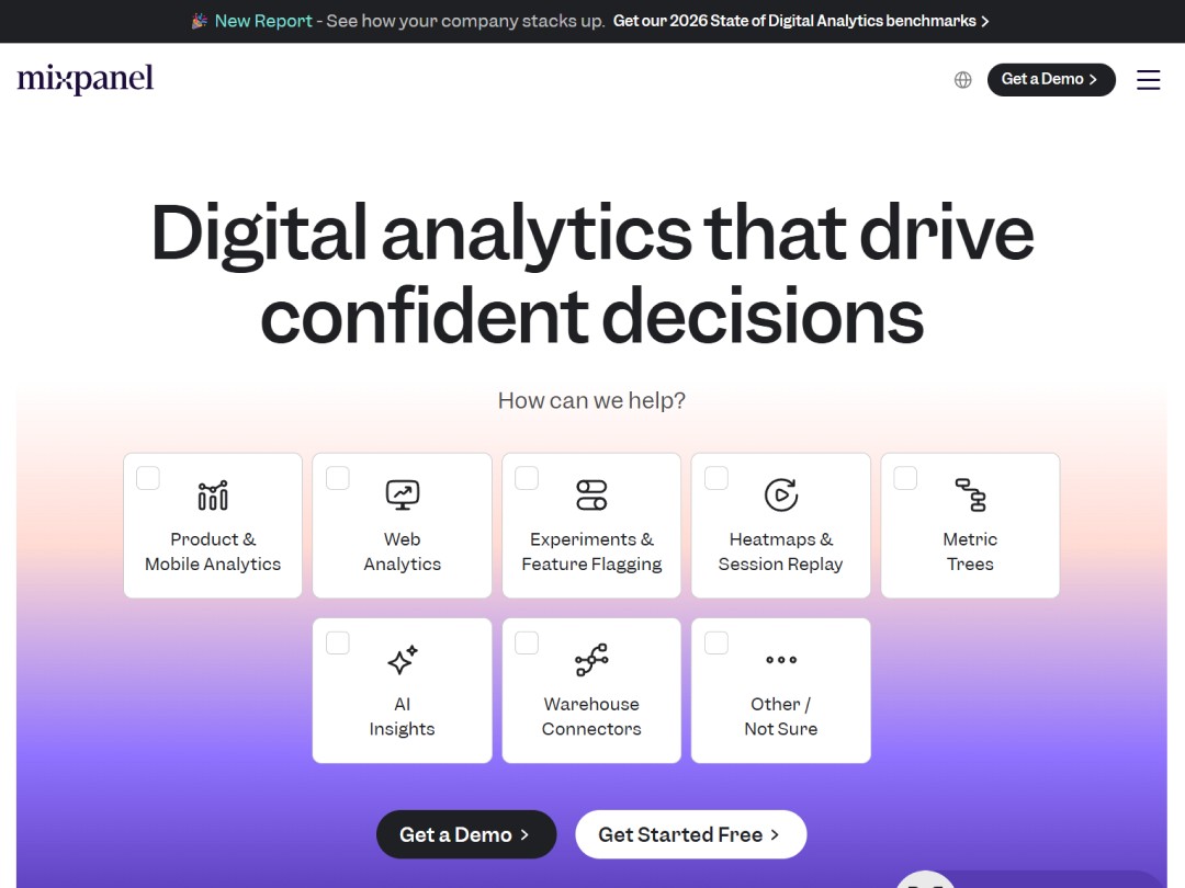 Mixpanel hero – digital analytics platform for product teams to track user behavior and drive decisions
