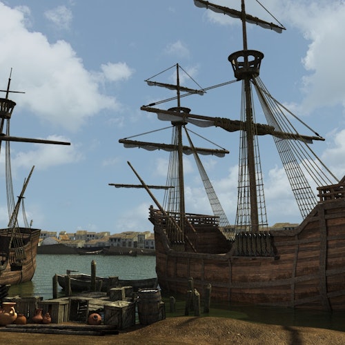 兩艘木壘帆船停泊在有小碼頭和貨箱的海岸邊；在背景中可以看到一個有建築的城鎮。