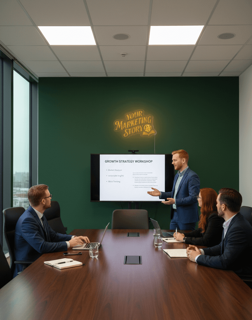 Marketing consultants delivering a 'Growth Strategy' workshop to a corporate team in a modern boardroom with Your Marketing Story branding.