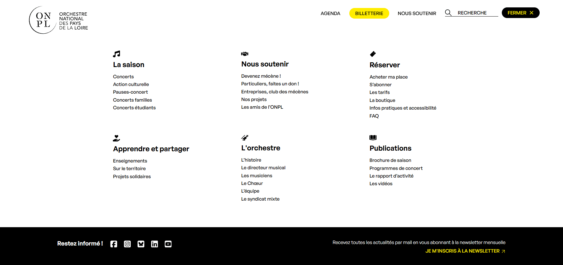 Une barre de navigation ouverte, présente sur le nouveau site internet de l'Orchestre National des Pays de la Loire.