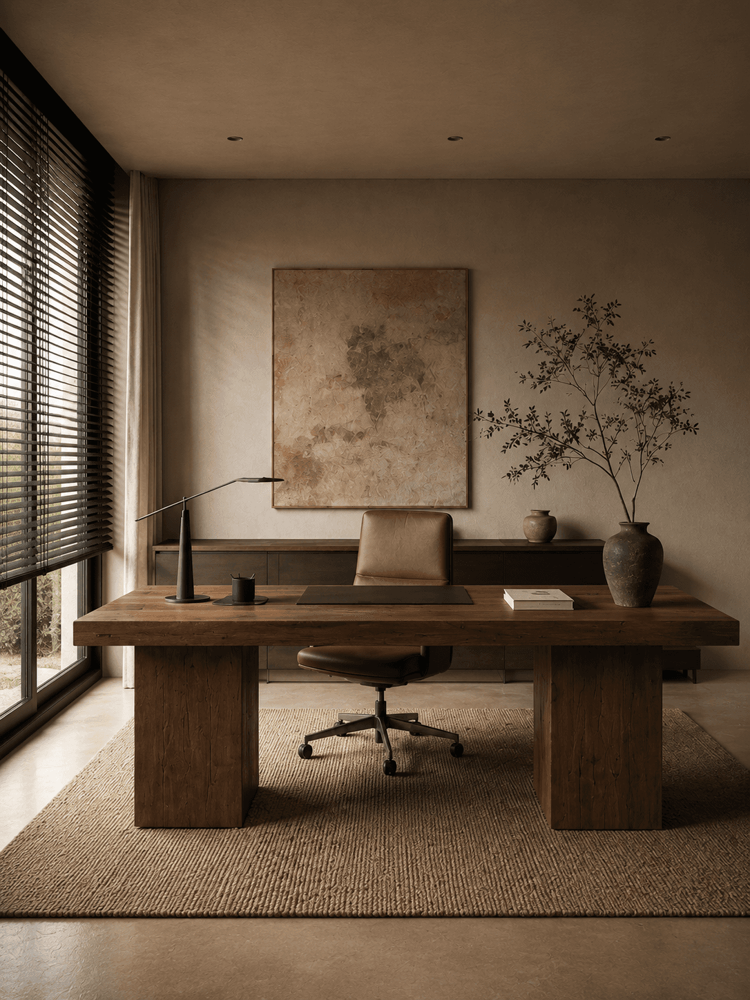 Serene minimalist office with earthy tones