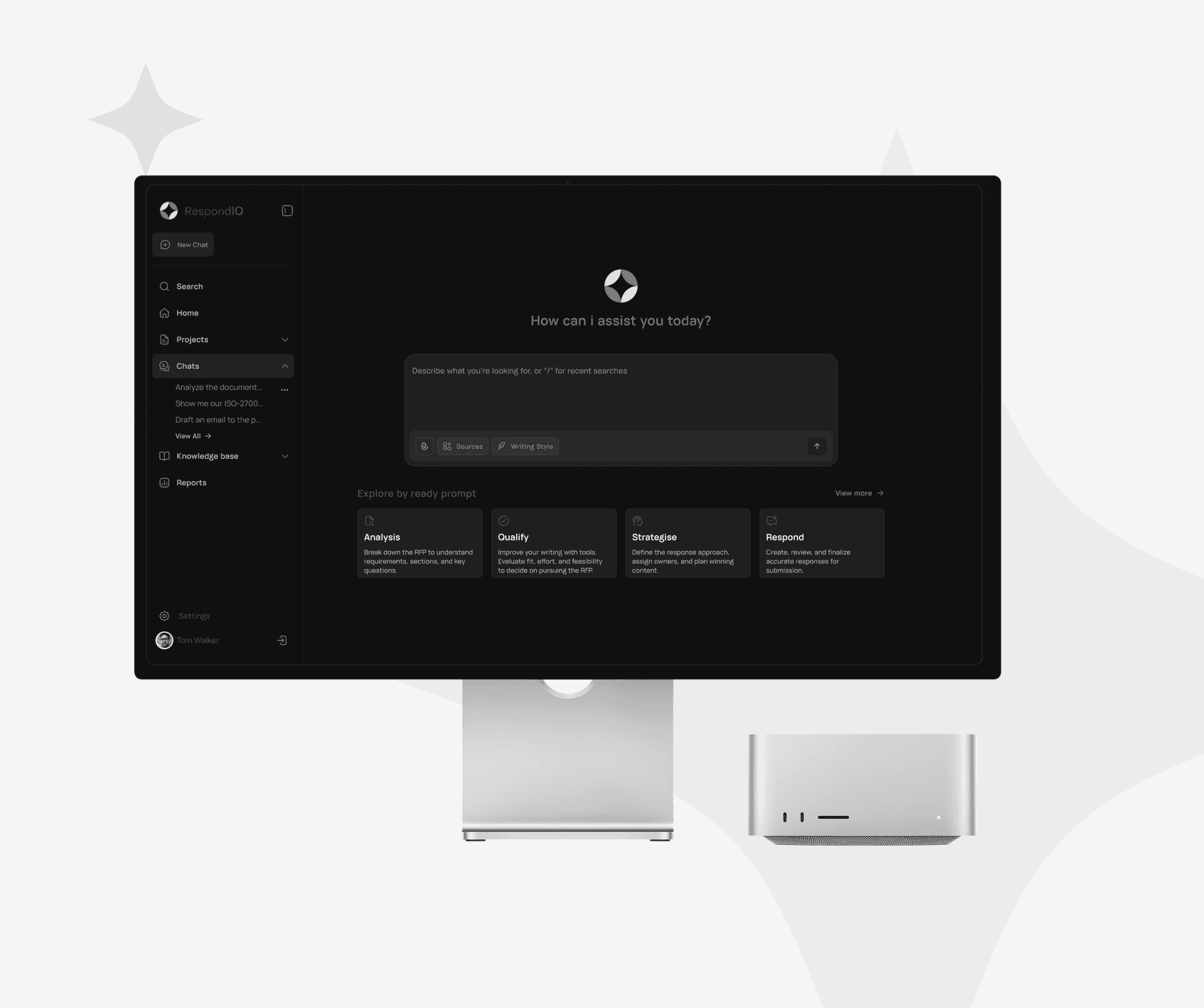 A sleek modern computer setup featuring a large black-screen monitor displaying a changelog, accompanied by a minimalist white desktop tower against a plain white background.