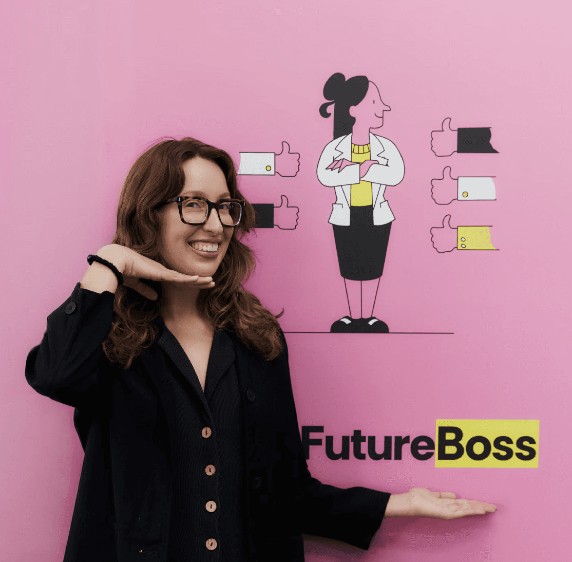 Woman making call gesture next to FutureBoss logo