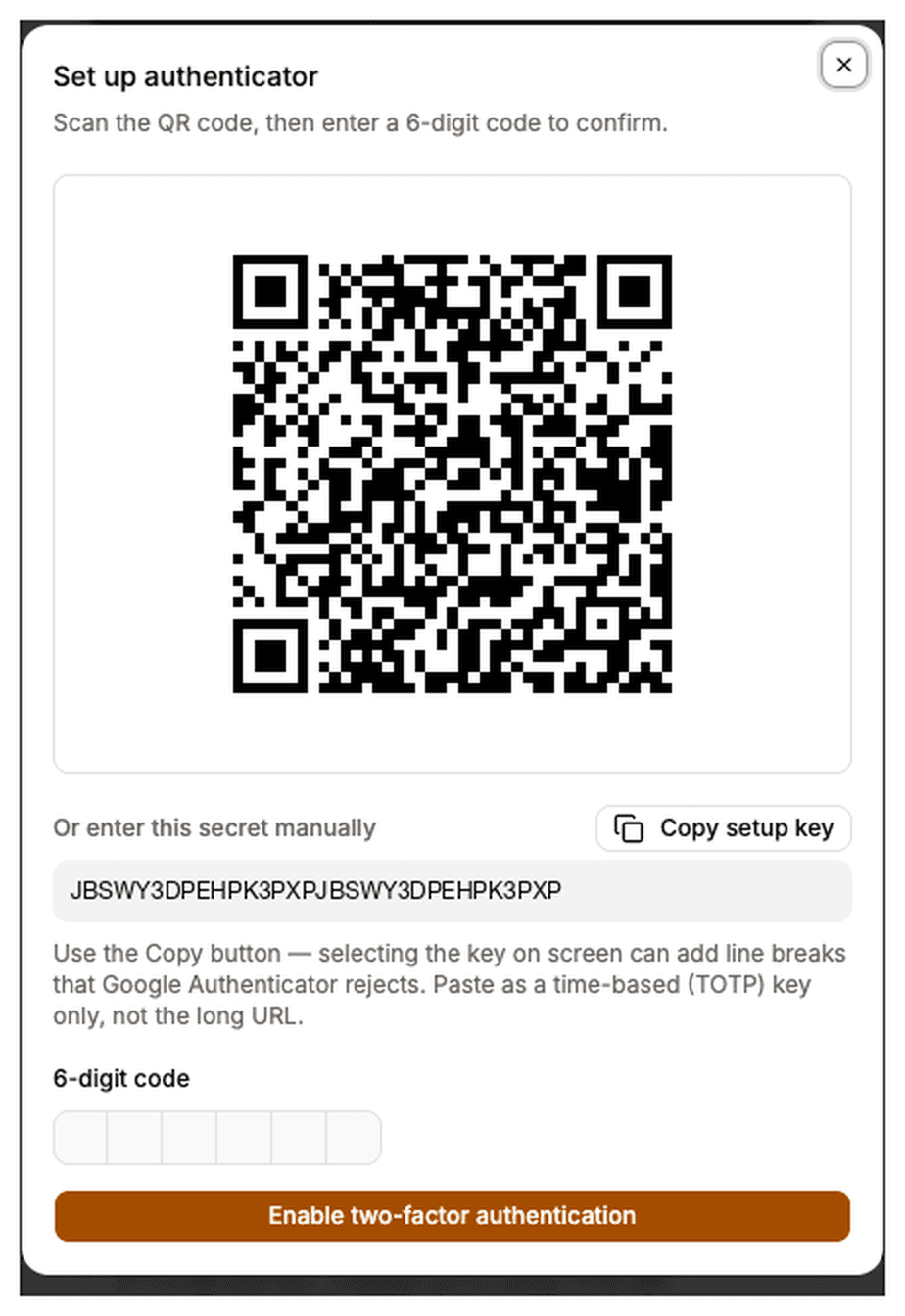 Set up authenticator dialog with a QR code, the manual setup key and a six-digit confirmation field.