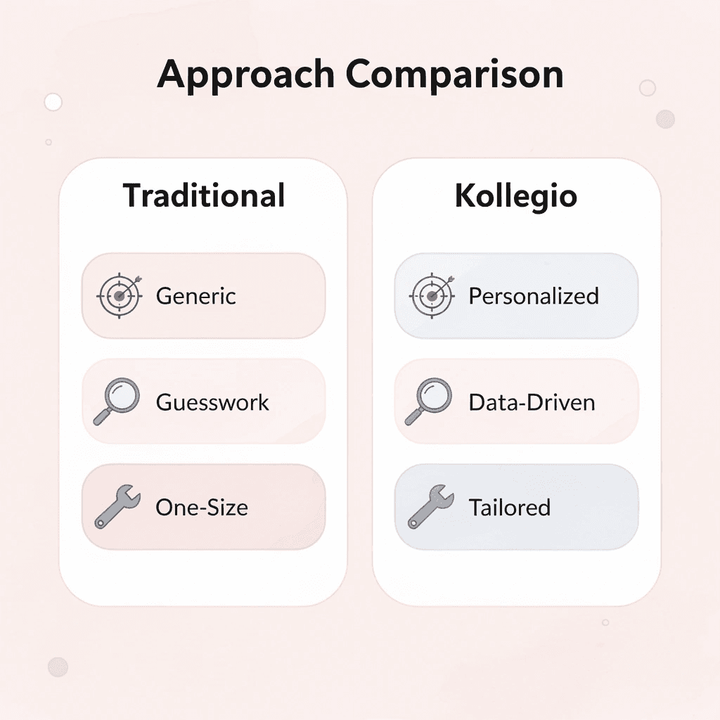 Comparison chart showing traditional vs Kollegio approach