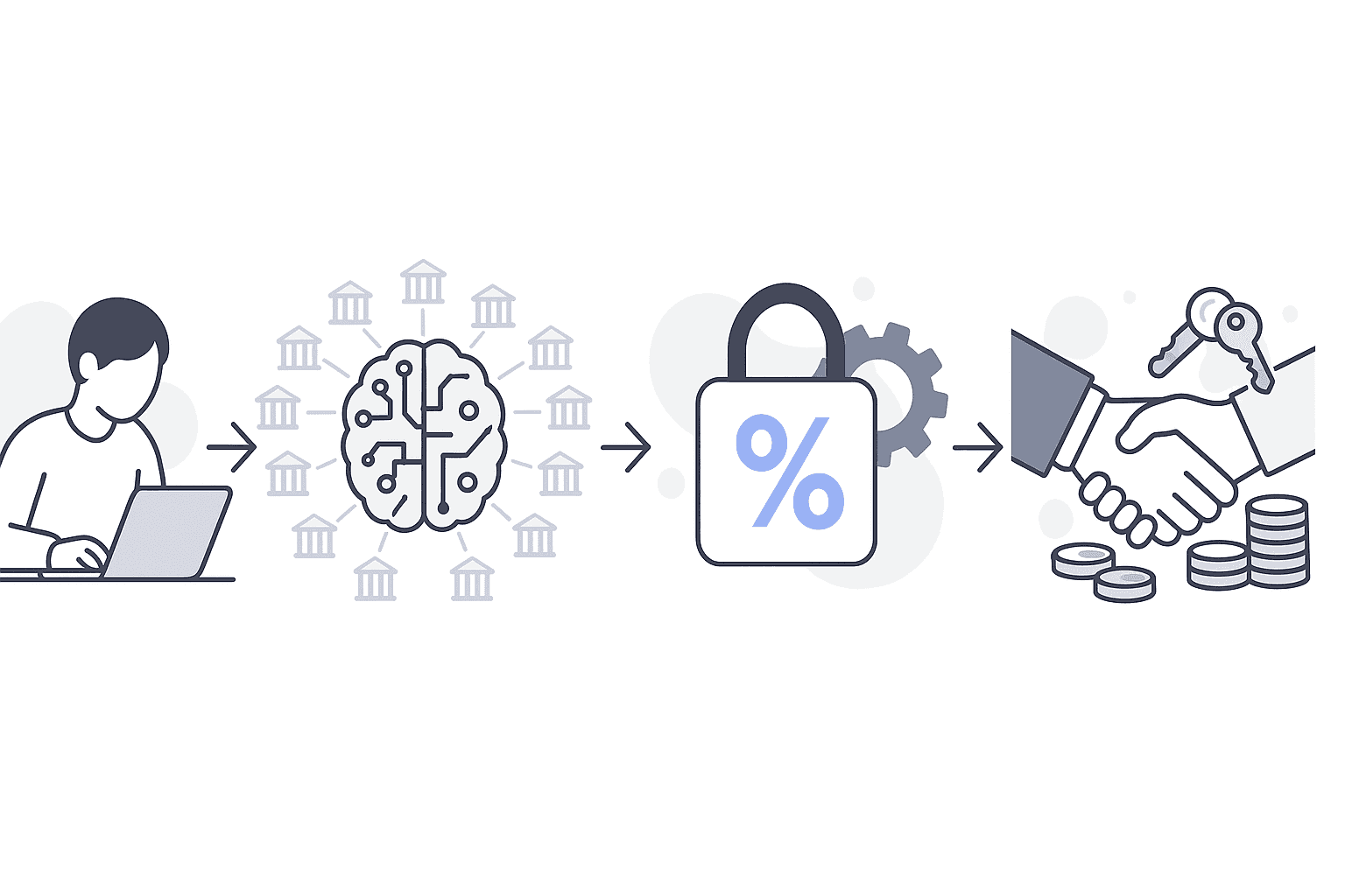 Five-step flow chart showing Chestnut’s instant quote, AI comparison, rate lock, document upload and fast closing